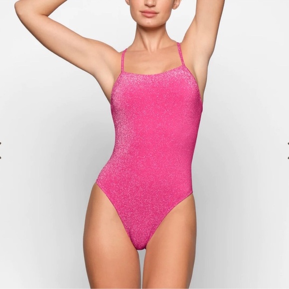 SKIMS Glitter Swim One Piece Swimwear Pink Women's Plus 4X Jasper Cutout Stretch - Picture 1 of 8